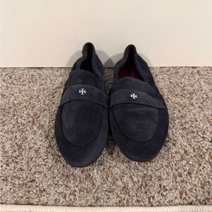 Tory Burch women’s Navy Suede Slip-On Loafers with Logo Accent